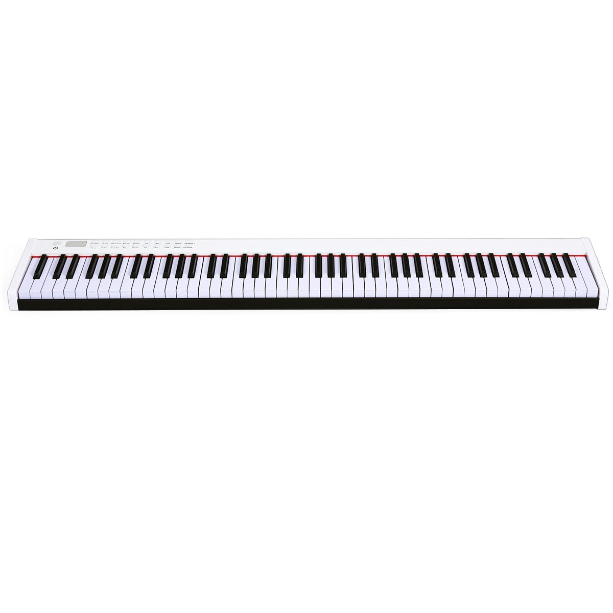 Un piano electrónico blanco con teclas blancas y negras. Las teclas están enfocadas y el fondo es blanco.
