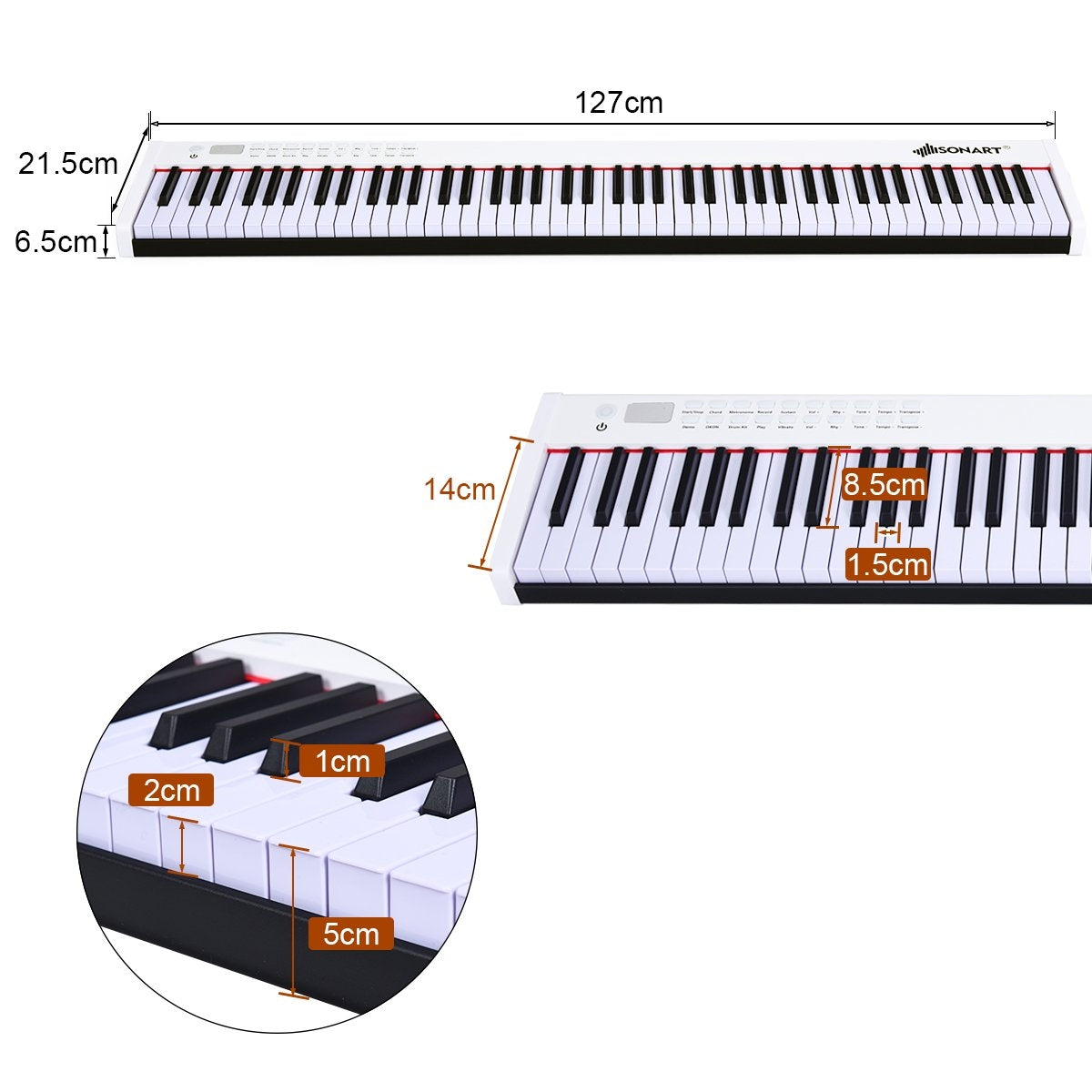 Un piano digital blanco con teclas blancas y negras. Dimensiones: largo 127cm, ancho 21.5cm, ancho tecla 1.5cm, alto 8.5cm.