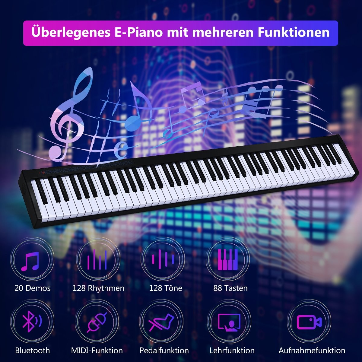 Un piano electrónico con 88 teclas, iconos con opciones y notas musicales sobre un fondo degradado.