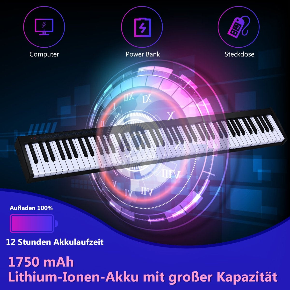 Teclado de piano digital con teclas, iconos de ordenador, banco de energía y enchufe. Muestra información de batería y capacidad.