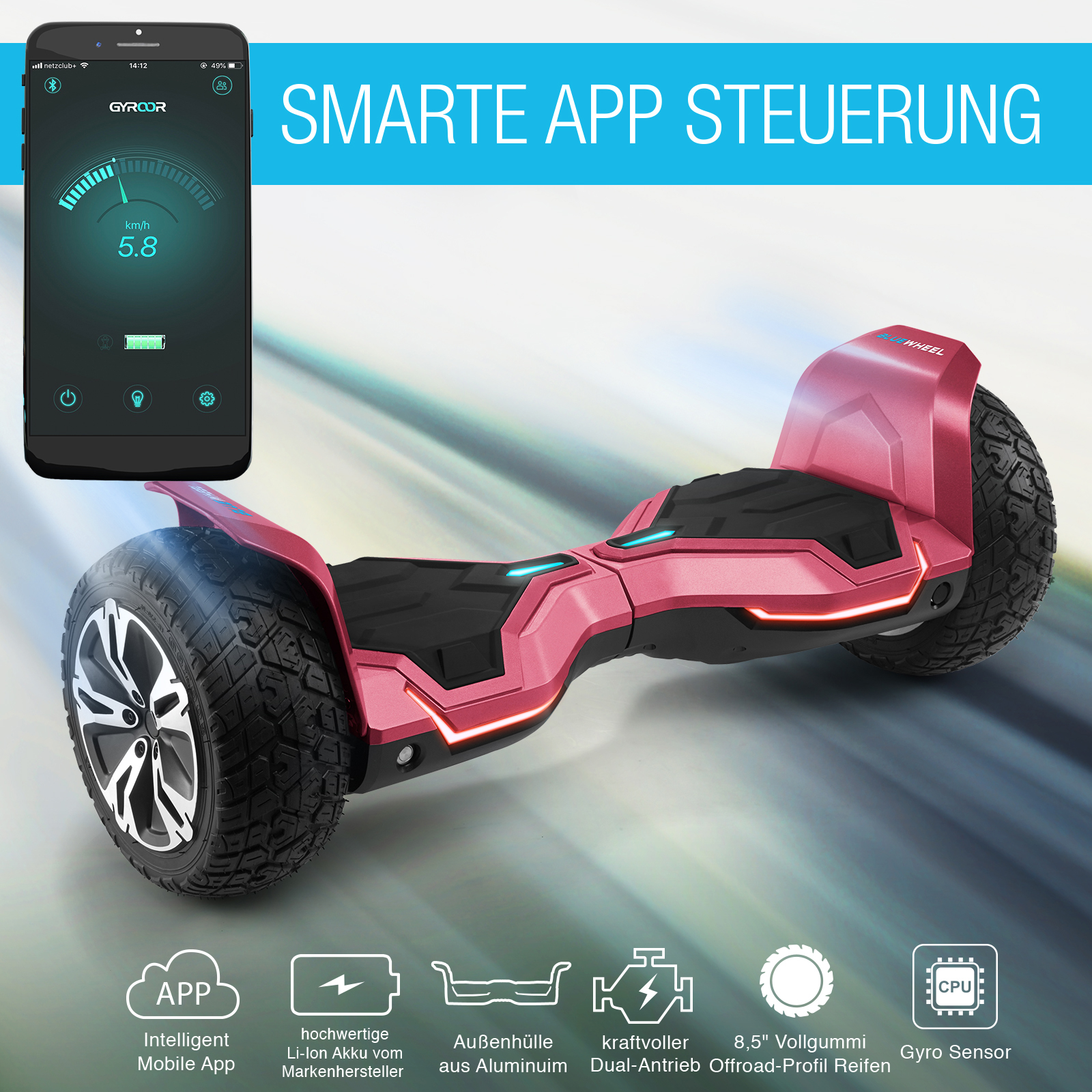 Ein rosa Hoverboard mit schwarzen Akzenten, ein Telefon mit Geschwindigkeit und Funktionssymbolen.