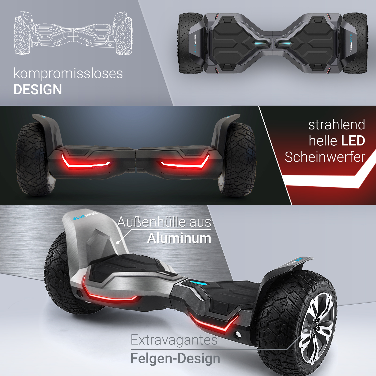 Eine Werbung, die ein schwarzes und silbernes Hoverboard mit roten Lichtern und weißem Text zeigt, der seine Eigenschaften beschreibt.