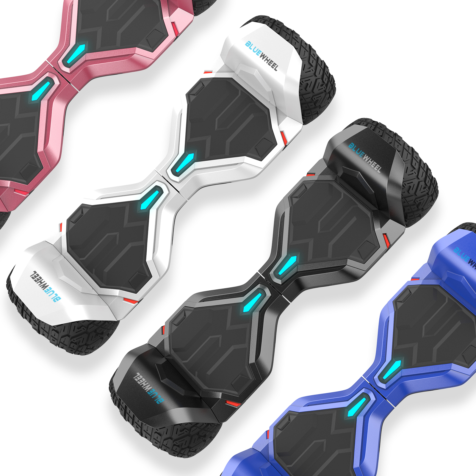 Vier Hoverboards in Pink, Weiß, Schwarz und Blau. Jedes hat schwarze Fußmatten und den Text 'BLUEWHEEL'.