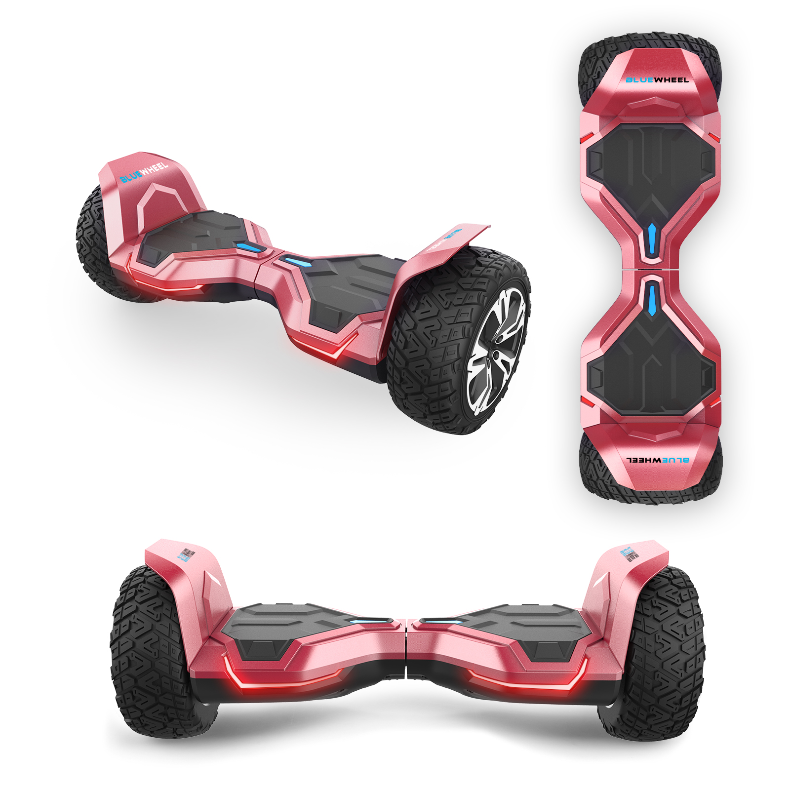 Rosa Hoverboard mit schwarzen Reifen, drei Ansichten. Der Markenname 'BLUEWHEEL' ist sichtbar.