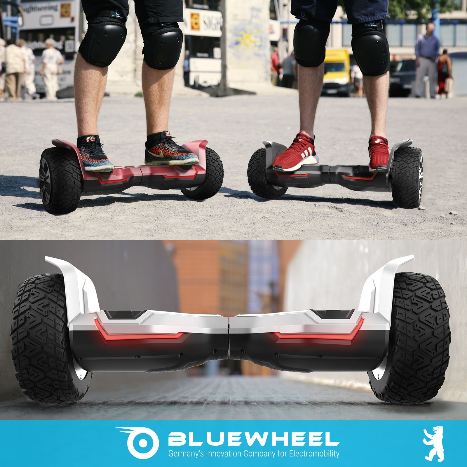Zwei Personen auf Hoverboards, Beine und Füße sichtbar, mit Knieschonern. Stadt im Hintergrund, Bus und Menschen sind sichtbar.