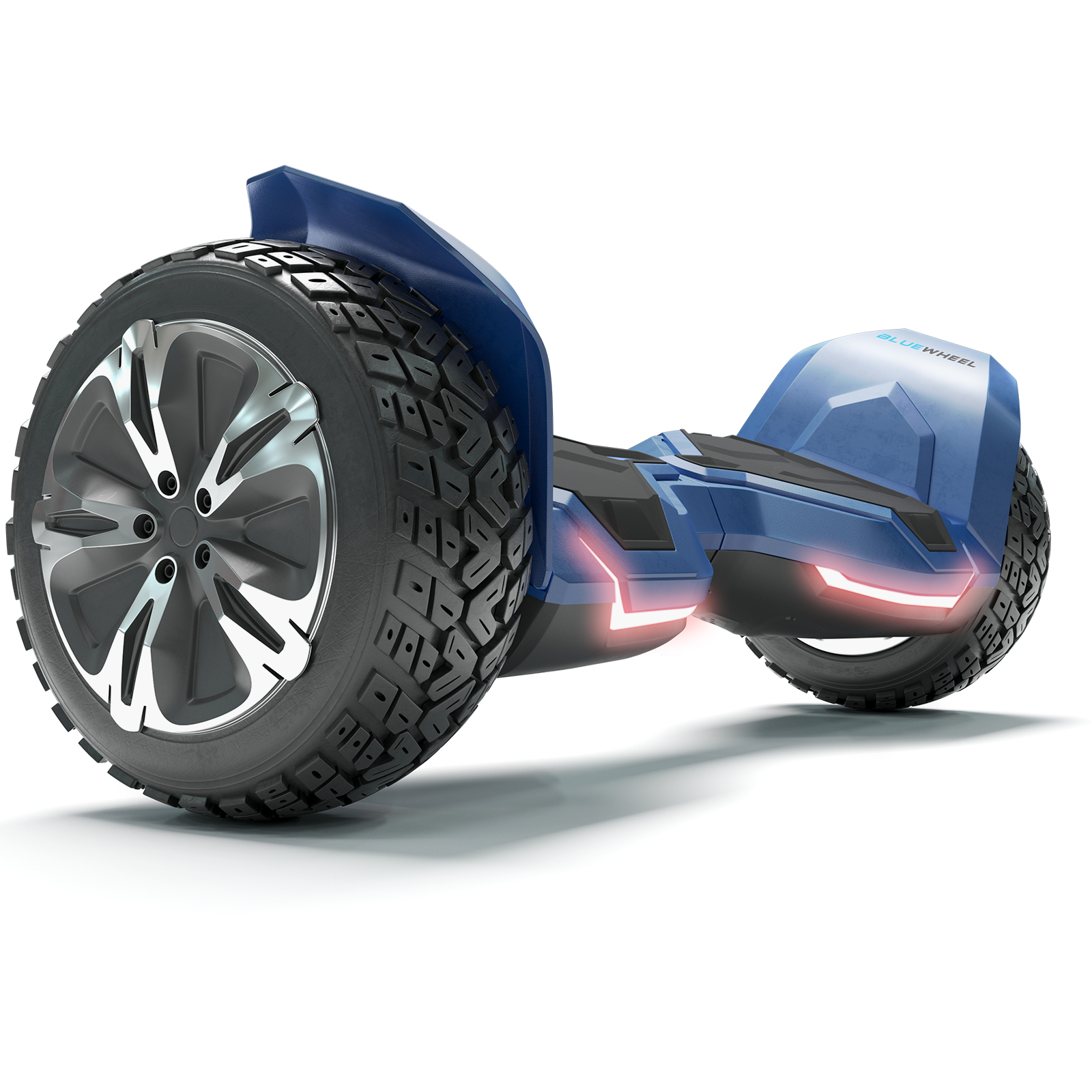 Blaues Hoverboard mit schwarzen Reifen, silbernen Felgen und roten Lichtern. Die Marke "BLUEWHEEL" ist sichtbar. Isoliert auf Weiß.