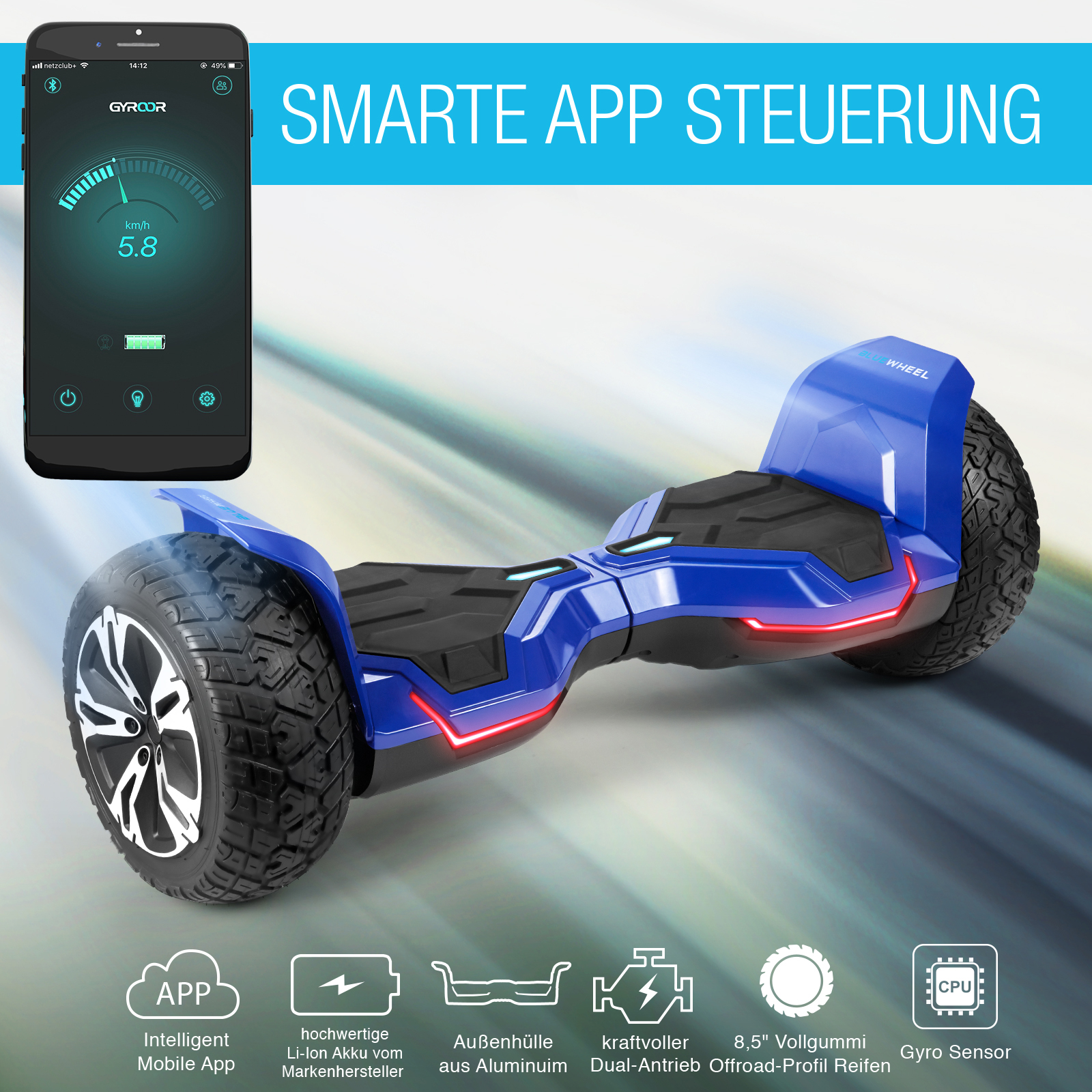 Ein blaues Hoverboard mit einem Smartphone, das die Geschwindigkeit anzeigt. Text: Smarte App Steuerung und Funktionssymbole sind vorhanden.