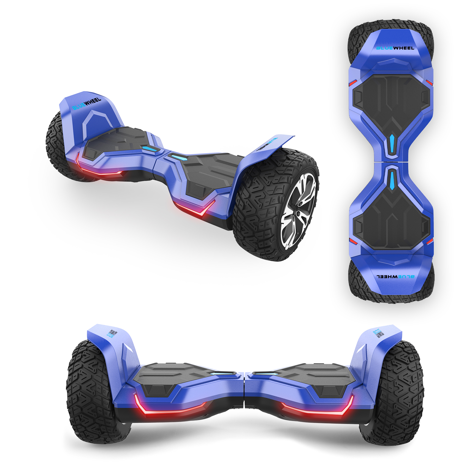 Drei Ansichten eines blauen Hoverboards mit schwarzen Akzenten, schwarzen Reifen und roten Lichtern auf weißem Hintergrund.