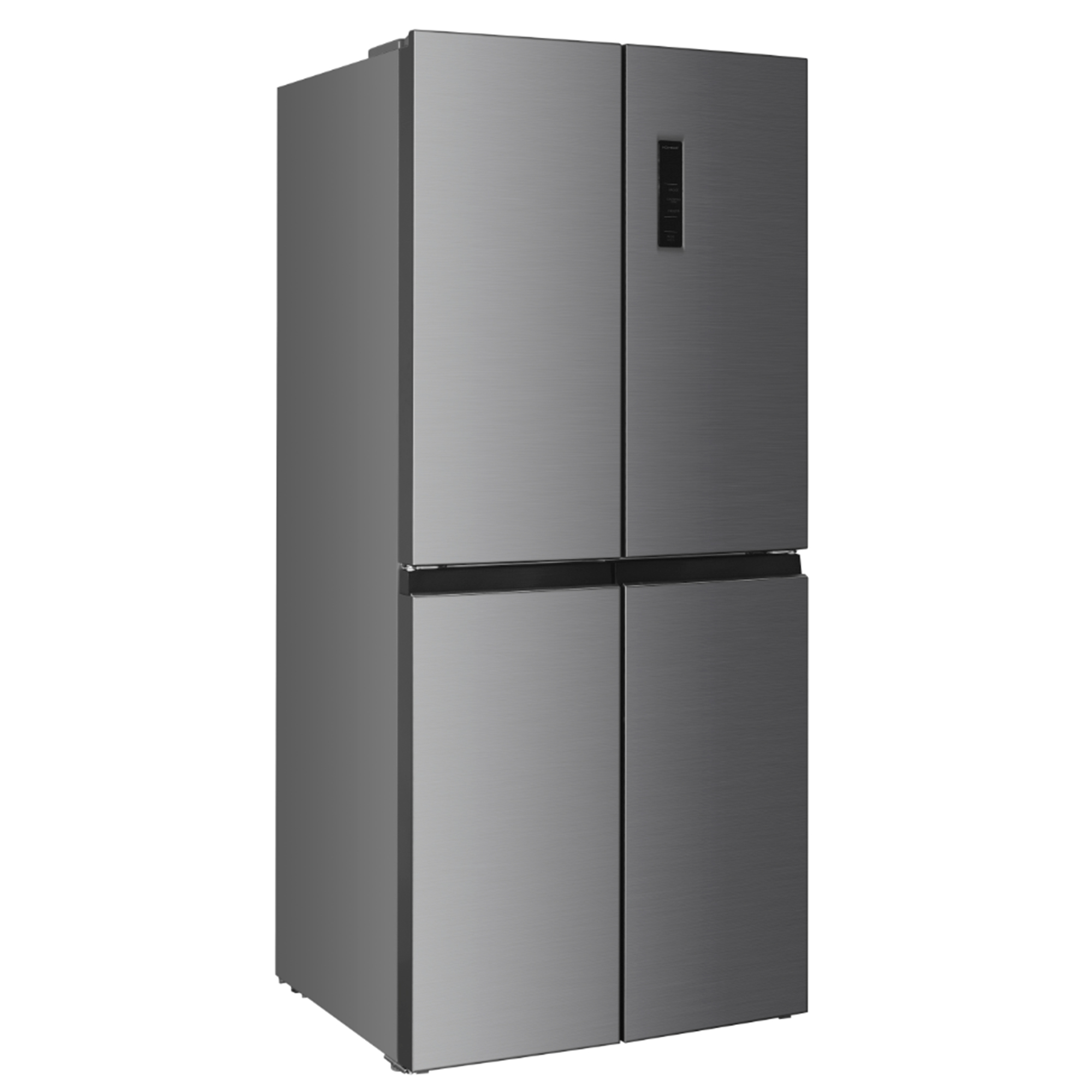 Lodówka ze stali nierdzewnej. Ma czworo drzwi, dwoje u góry i dwoje u dołu. Panel sterowania znajduje się na prawych drzwiach.