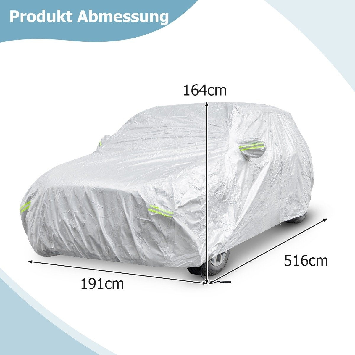 Coche plateado cubierto con funda protectora. Dimensiones: 191cm, 516cm, 164cm. Texto arriba: Produkt Abmessung.