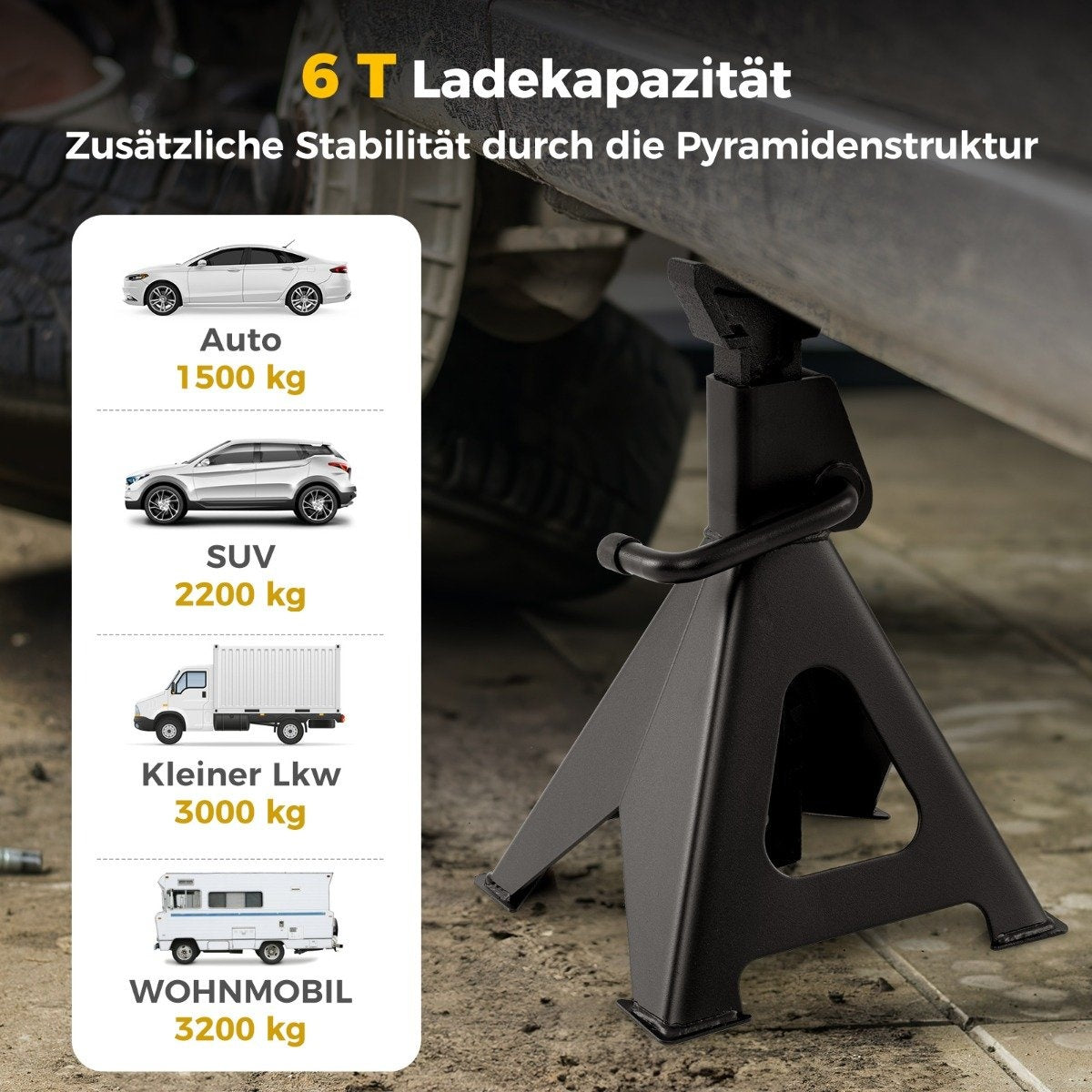 Gato negro que sostiene un coche. Infografía muestra tipos de vehículos y pesos: coche, SUV, camión pequeño y autocaravana. Texto en alemán.