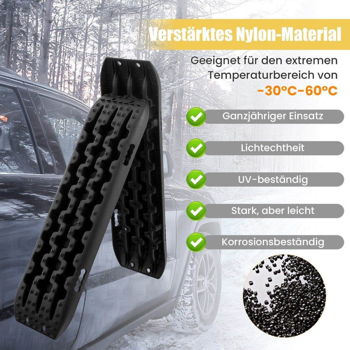 Esteras de tracción negras apoyadas en un coche en un entorno nevado. El texto destaca características como la resistencia UV y el rango de temperatura.