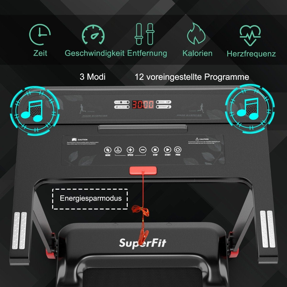 Panel de control de la cinta de correr que muestra tiempo, velocidad, distancia, calorías y frecuencia cardíaca. Tiene botones y logo SuperFit.