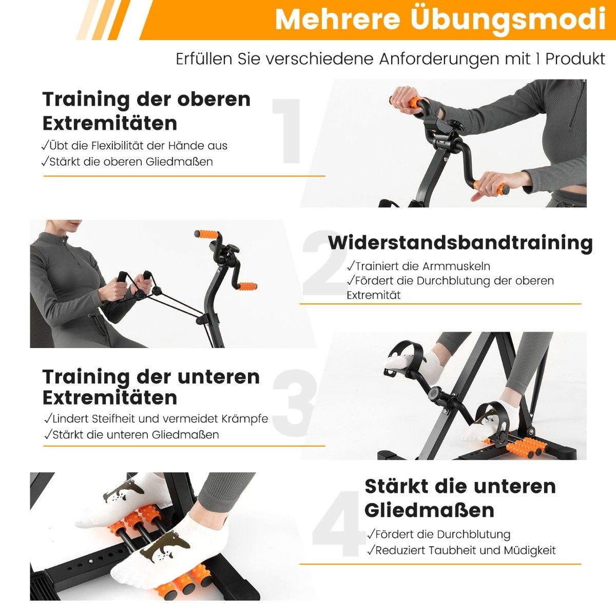 La imagen muestra equipos de ejercicio con personas usándolos de varias maneras. El texto describe el entrenamiento para las extremidades superiores e inferiores.