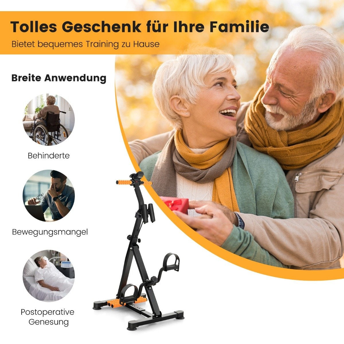Una pareja de ancianos sonríe, con una bicicleta estática en primer plano. El texto incluye 'familia' y 'entrenamiento'. Imágenes laterales muestran afecciones.