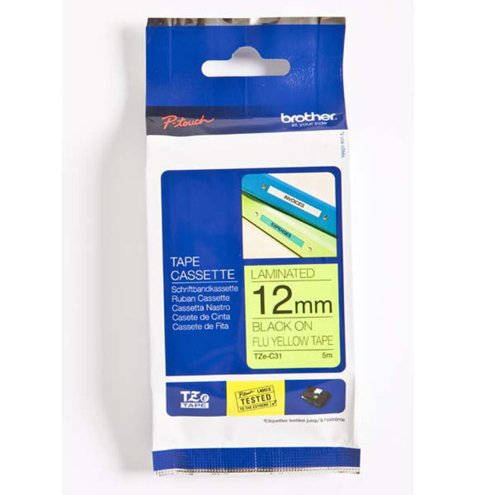 Eine Brother P-touch-Kassettenverpackung. Sie ist blau und weiß und enthält Produktdetails wie Bandgröße und -farbe.