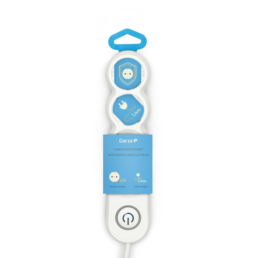 Un enchufe múltiple Garza blanco y azul con cable de 1,4 m, cuatro enchufes Schuko y un interruptor de encendido/apagado sobre fondo blanco.