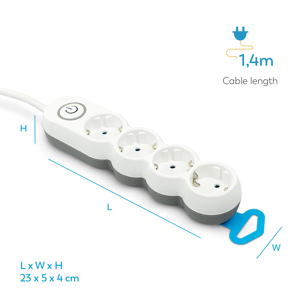 Una regleta blanca y gris con cuatro enchufes, un lazo azul para colgar y un cable de 1,4 m. Dimensiones: 23x5x4 cm.