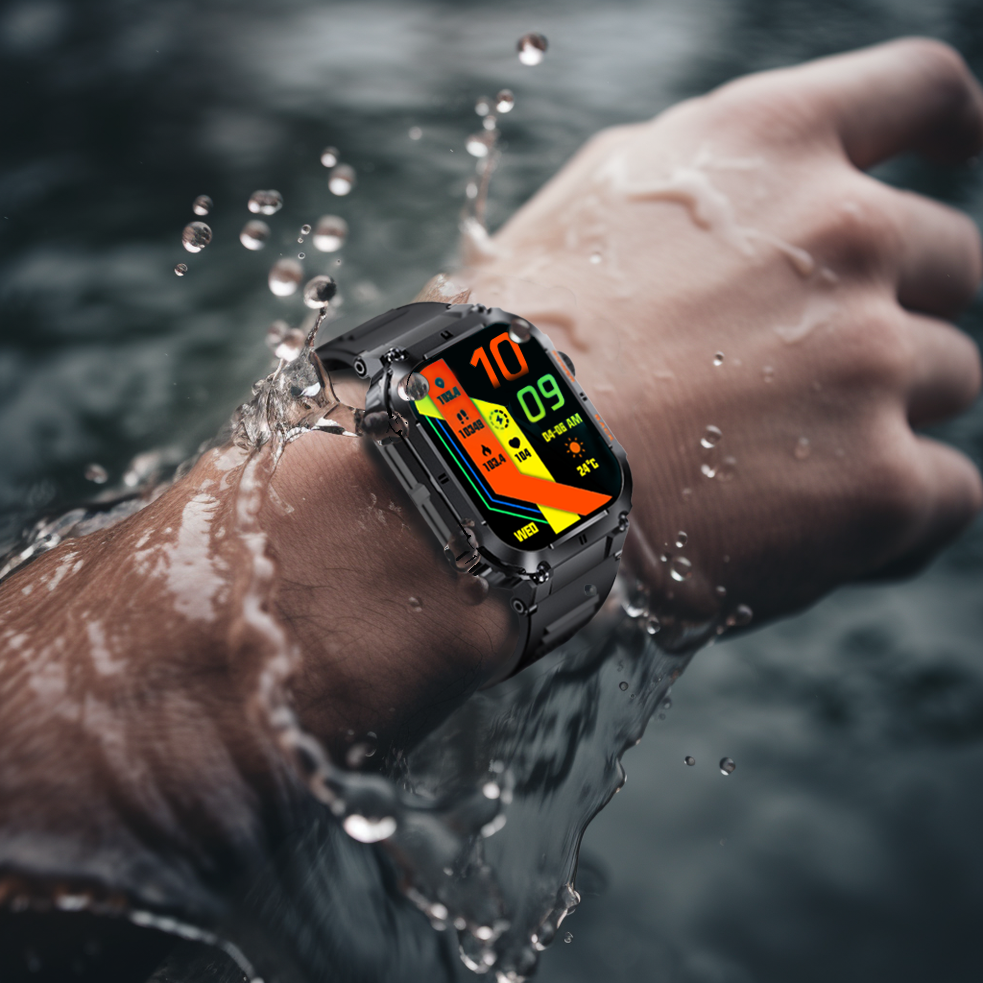 A hand with a smart watch in water. Water droplets surround the watch. The watch shows the time and some data.