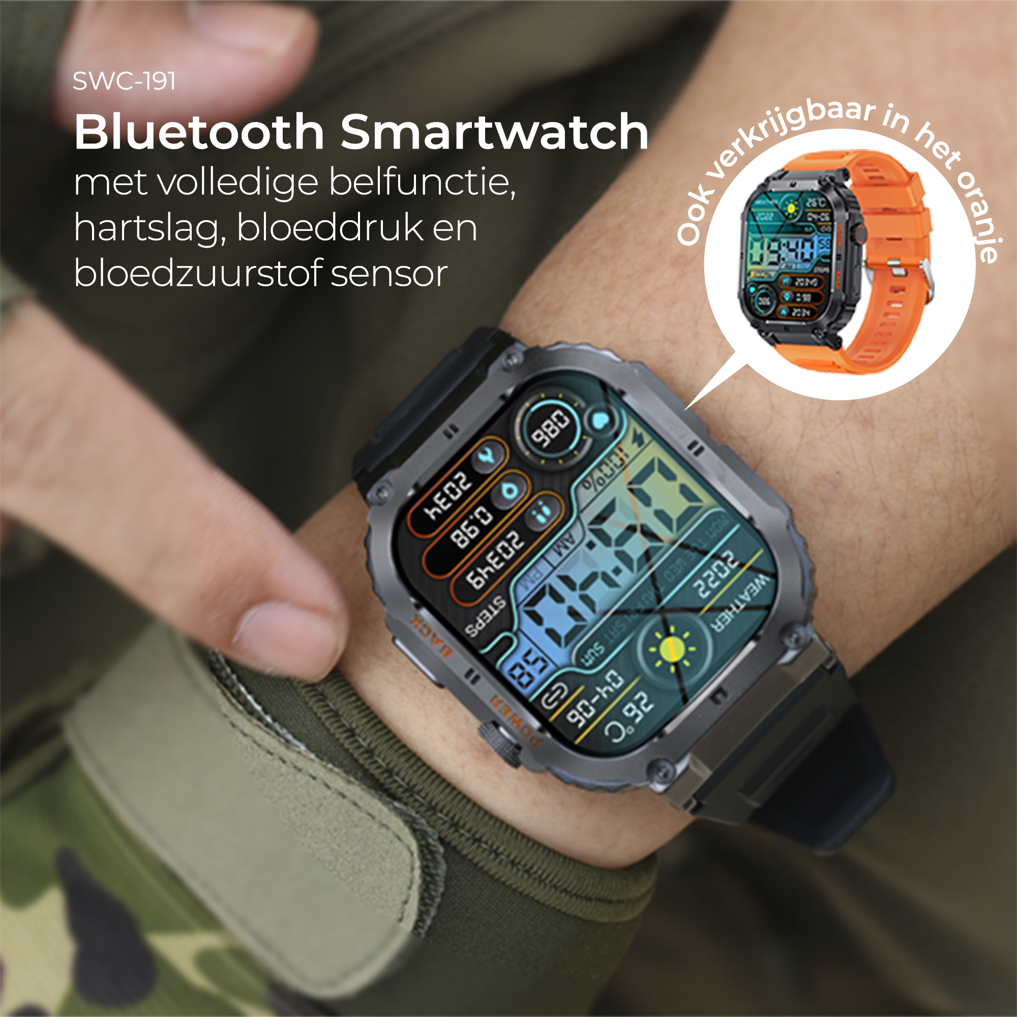A smartwatch is on a wrist. It has a black frame, orange band, and displays data. Text says Bluetooth Smartwatch.