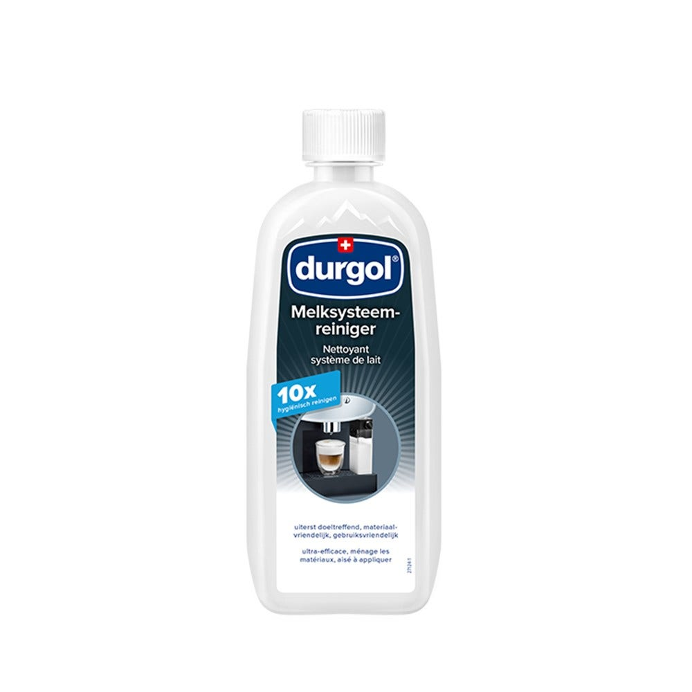 Una bottiglia bianca di detergente per sistema latte Durgol. Il testo sulla bottiglia include 'Melksysteemreiniger' e 'Nettoyant système de lait'.