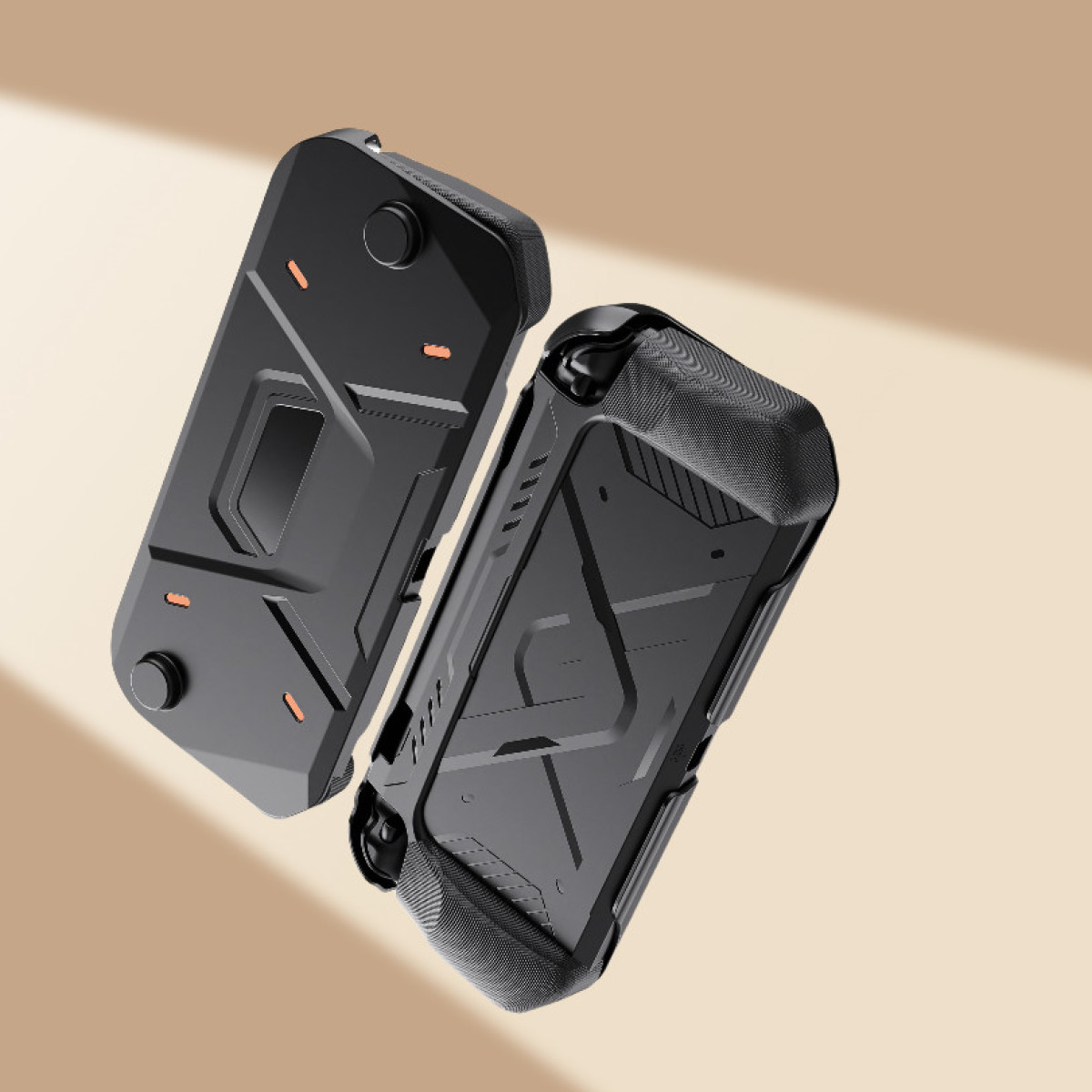 Twee zwarte telefoonhoesjes, één open, één gesloten, tegen een beige achtergrond. Beide hoesjes hebben geometrische ontwerpen en oranje accenten.