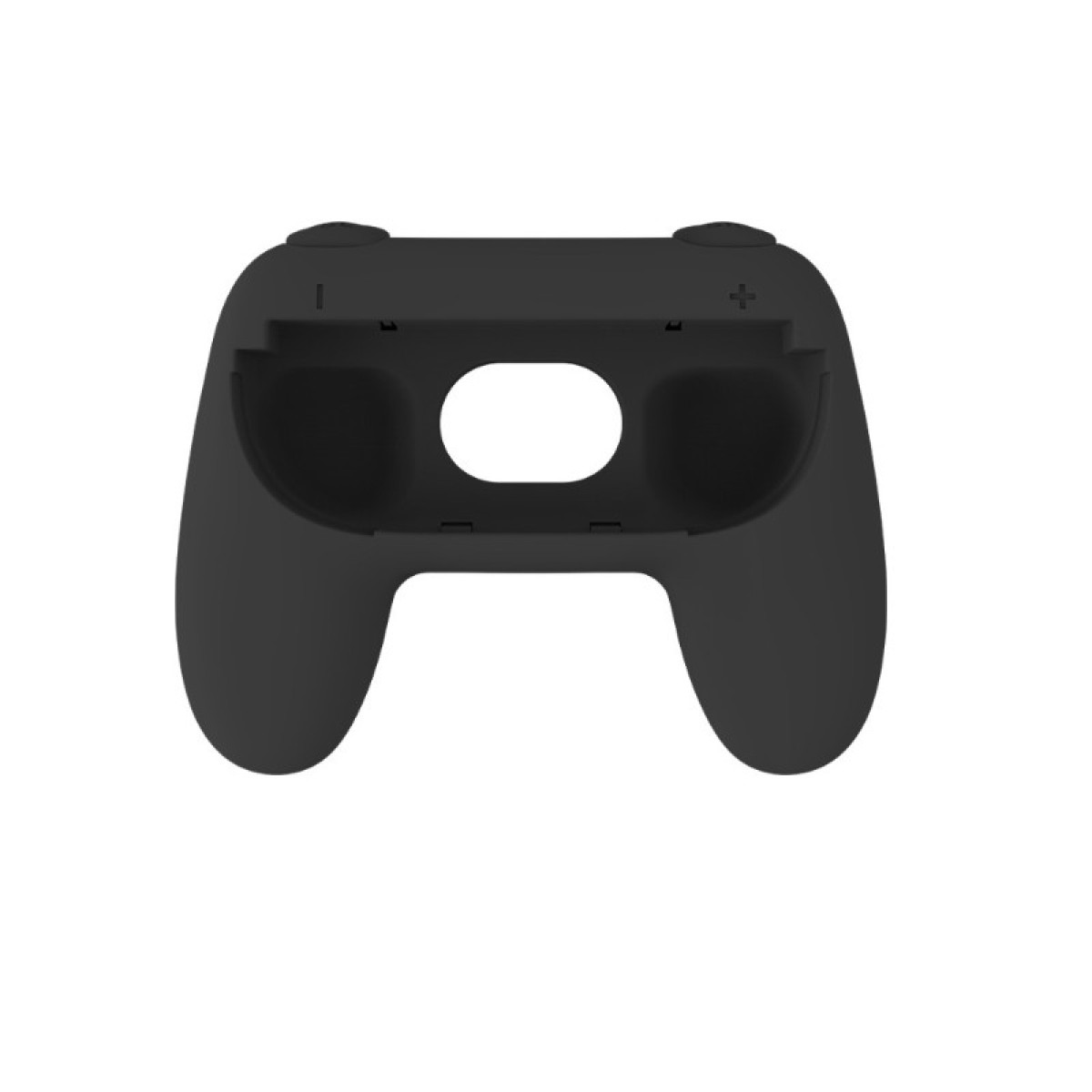 Zwarte gamecontroller-behuizing, met twee handgrepen, een centraal gat en knoppen bovenop. Geïsoleerd op een witte achtergrond.