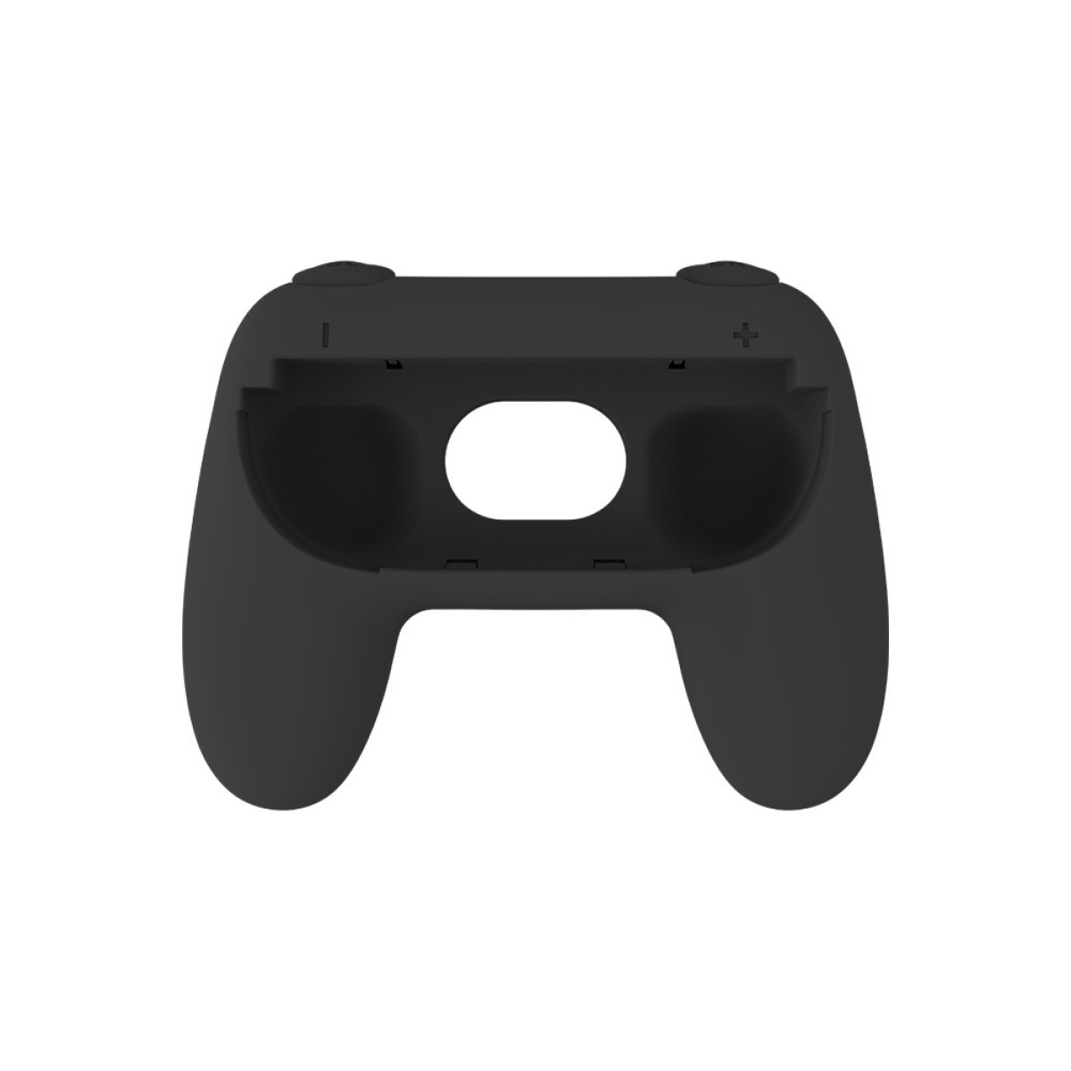 Een zwarte gamecontrollerhouder met een centraal ovaal gat en twee holle compartimenten.
