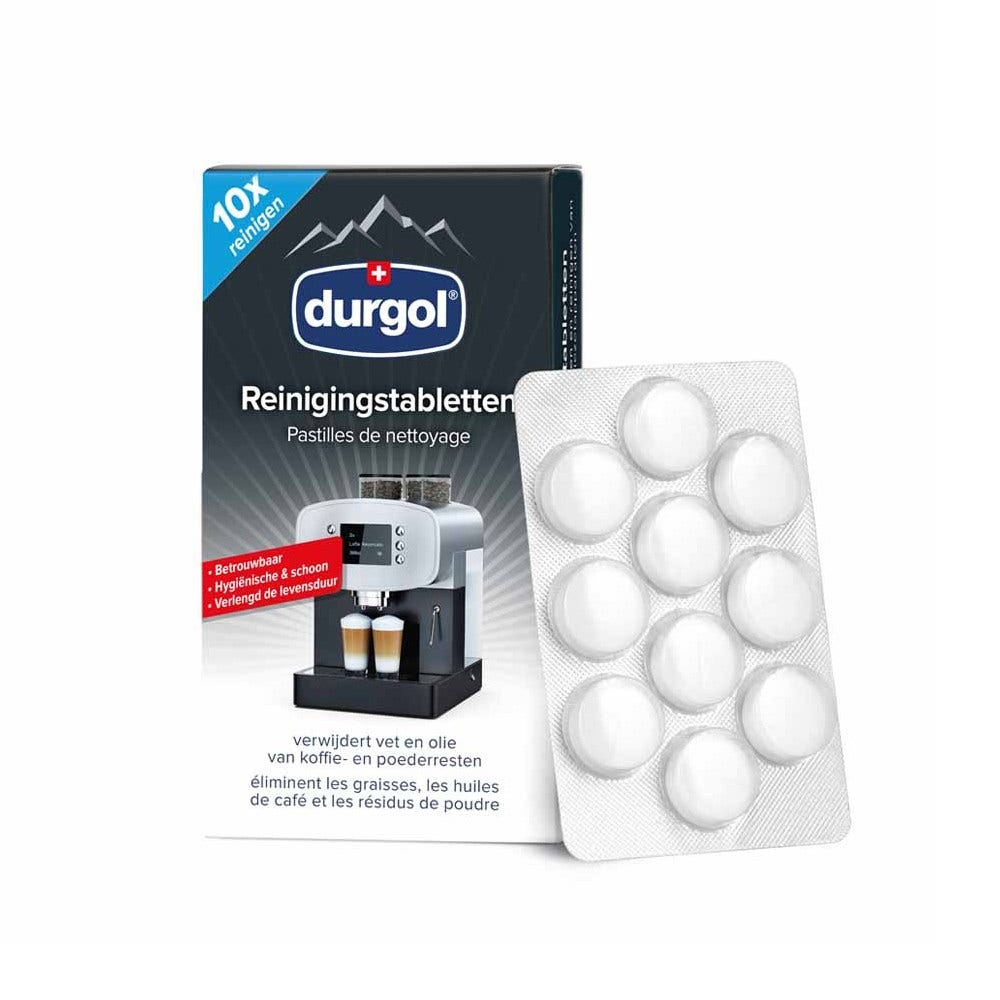 Scatola di compresse detergenti Durgol e blister con compresse bianche. È visibile anche un'immagine di una macchina per caffè espresso.