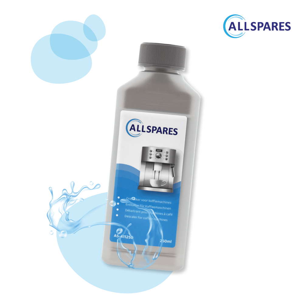 Flasche Entkalker für Kaffeemaschinen mit Logo. Blauer Wasserspritzer-Effekt auf weißem Hintergrund. Text: Allspares, 250ml, AS-411250.