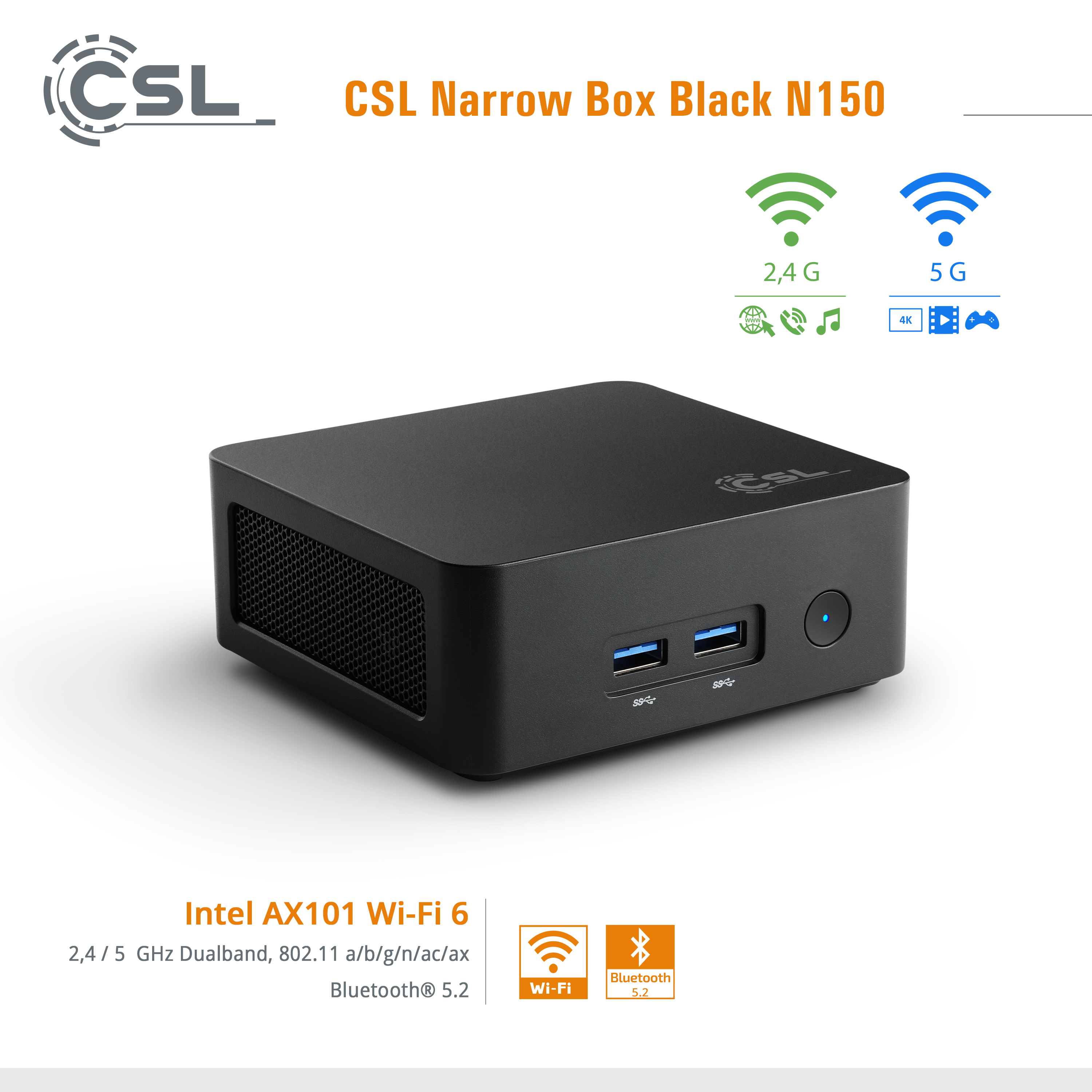 Ein schwarzer CSL Narrow Box N150 Computer. Er hat USB-Anschlüsse, Wi-Fi- und Bluetooth-Symbole sowie Text, der seine Funktionen beschreibt.