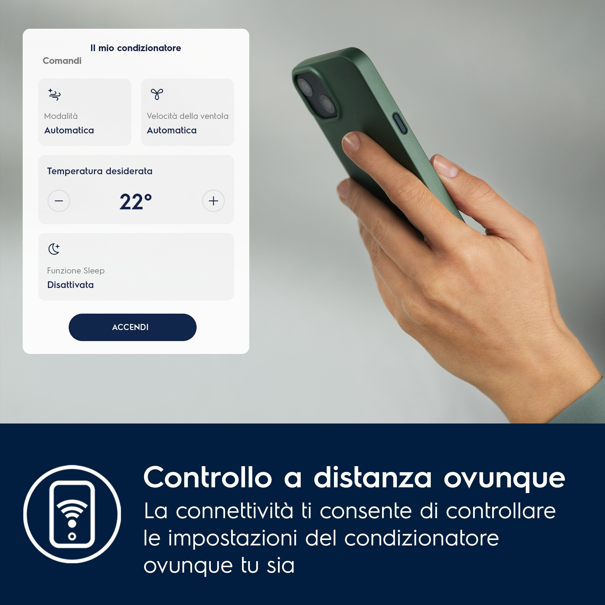 Ręka trzymająca zielony telefon, wchodząca w interakcję z panelem sterowania klimatyzacją. Panel pokazuje ustawienia takie jak temperatura i prędkość wentylatora.