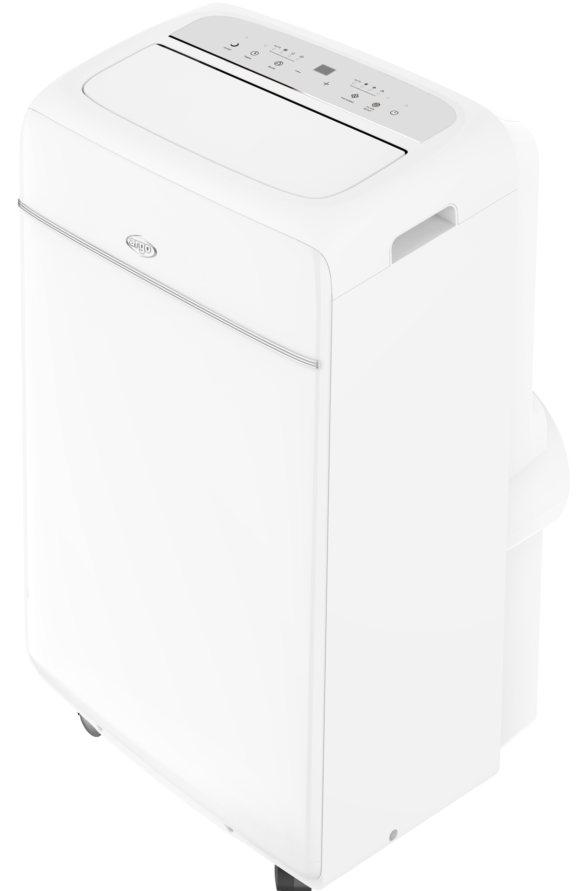 Biały przenośny klimatyzator. Ma panel sterowania i uchwyt. Klimatyzator stoi na kółkach.