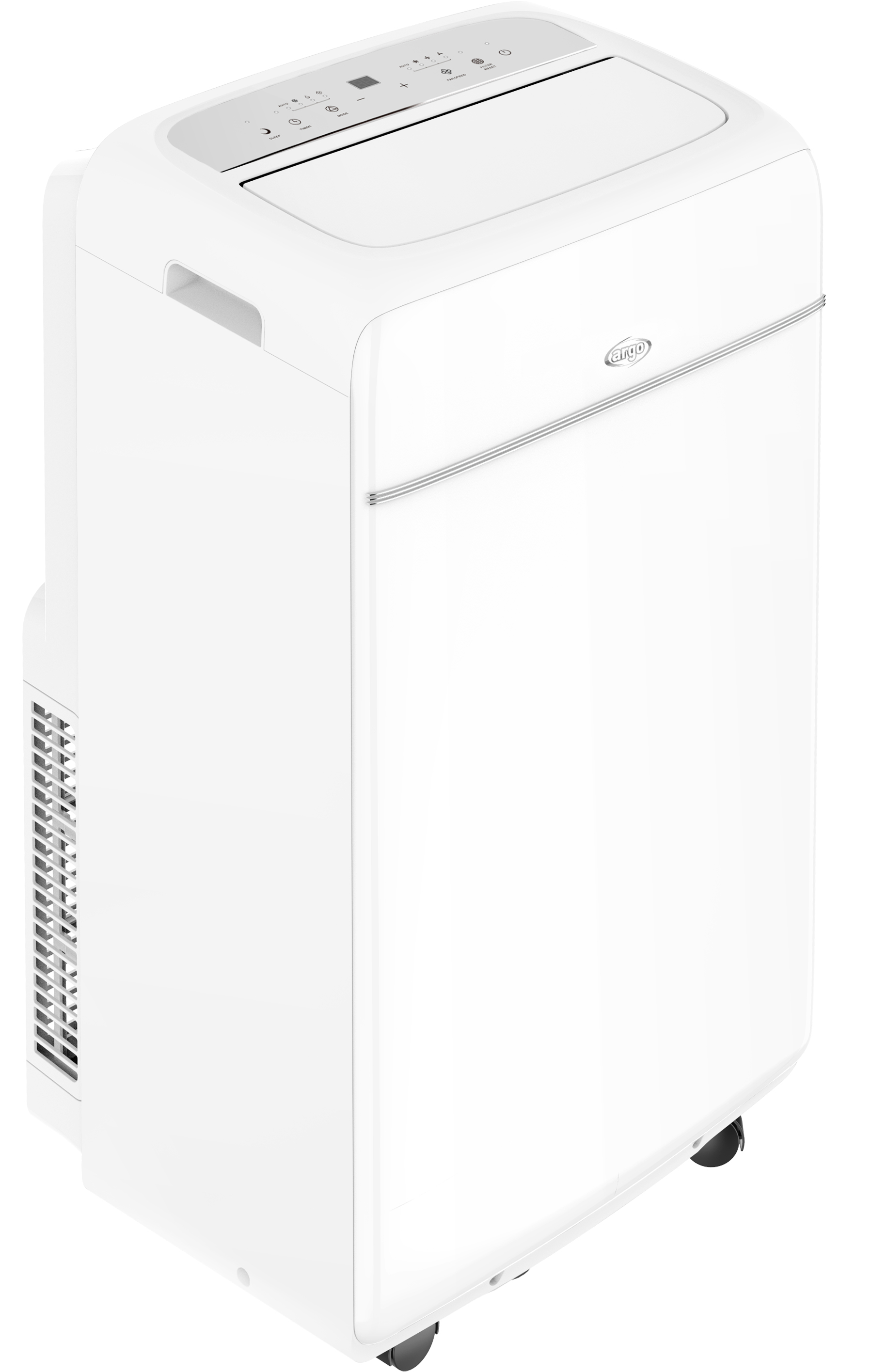 Biały przenośny klimatyzator. Posiada panel sterowania, kratki wentylacyjne i kółka ułatwiające przemieszczanie.