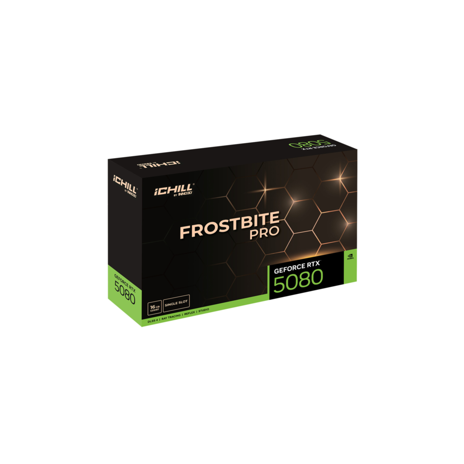 Czarno-zielone pudełko iChill Frostbite Pro dla karty graficznej GeForce RTX 5080, z tekstem i grafiką.