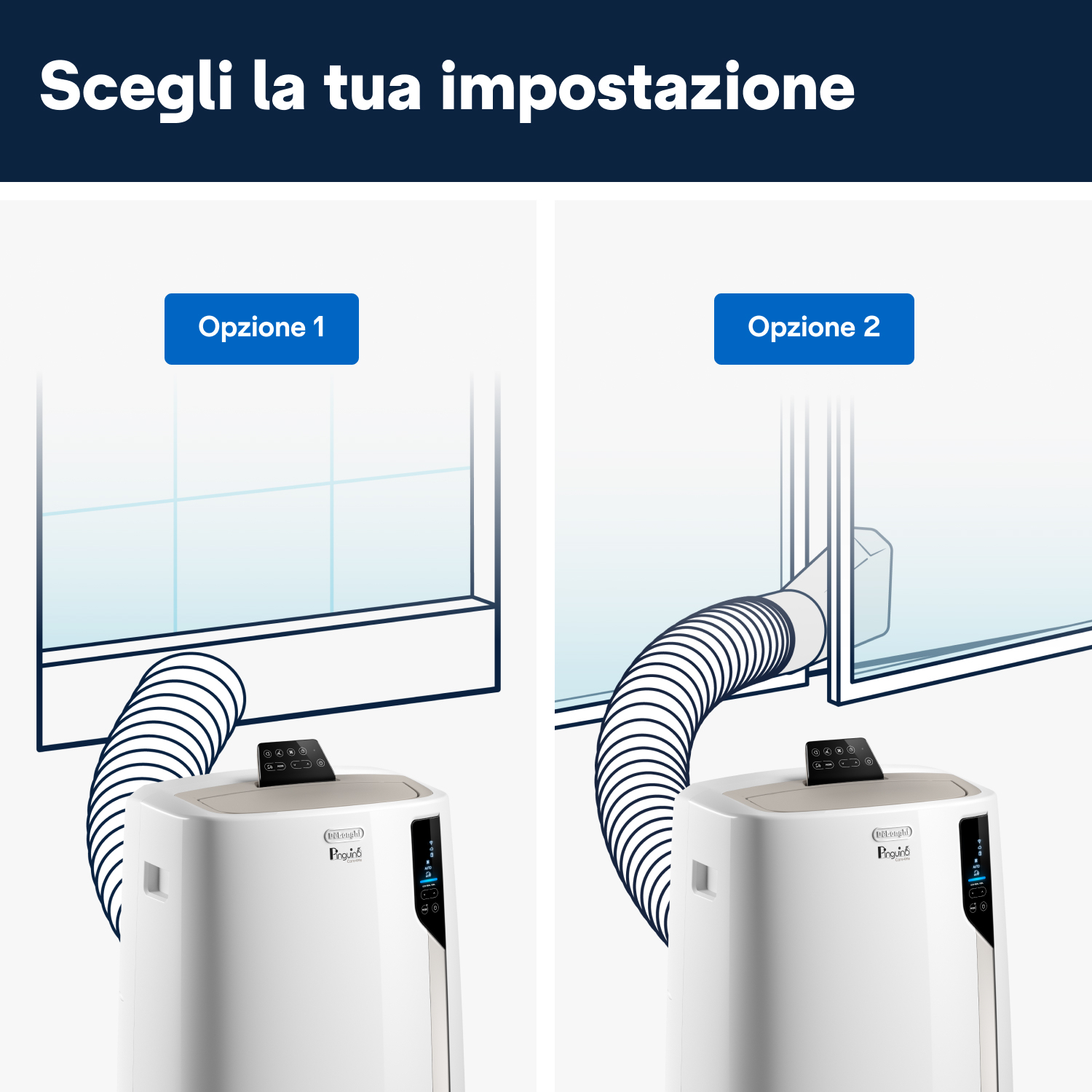 Due illustrazioni mostrano condizionatori portatili con tubi di scarico. L'opzione 1 ha una finestra, l'opzione 2 ha una finestra con sfiato aperto.