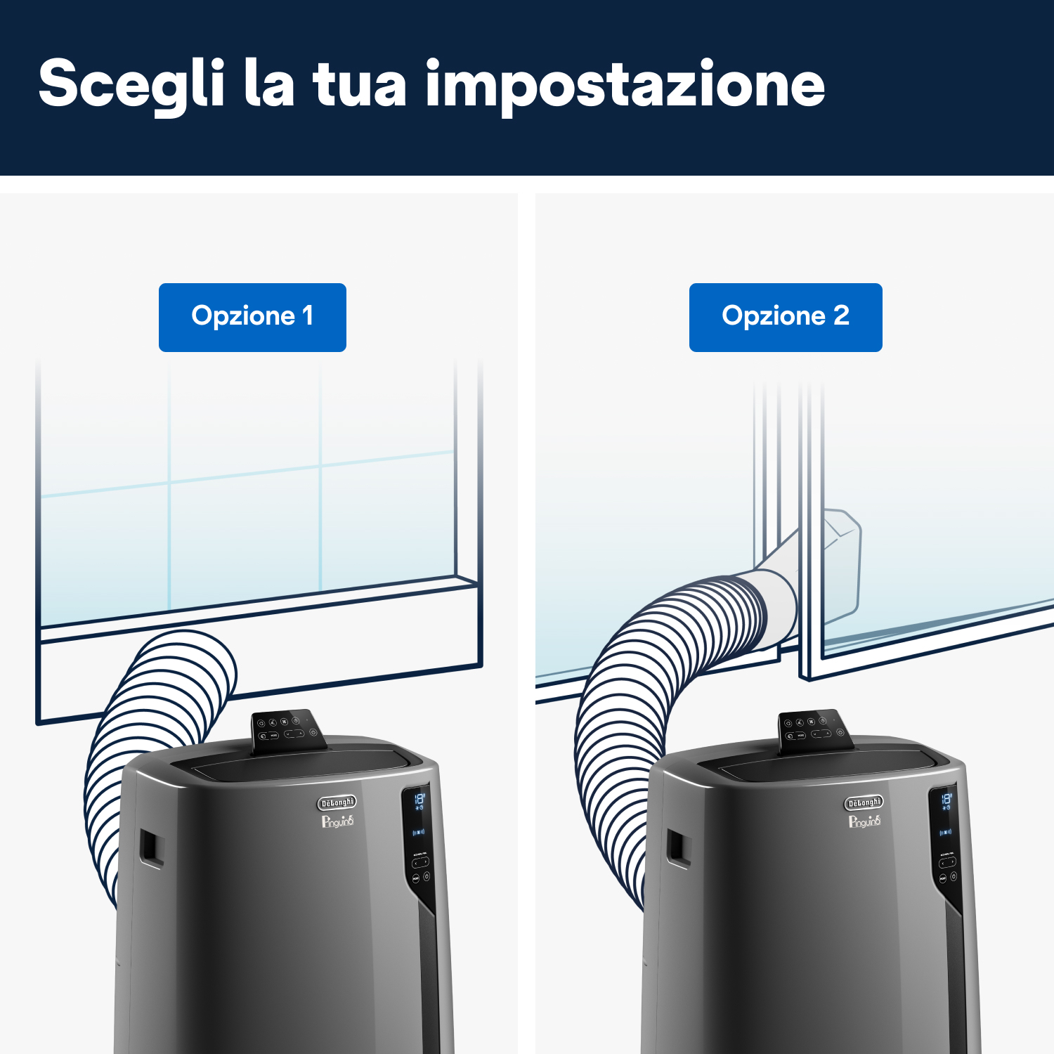 Due opzioni per un condizionatore, ciascuna con un'unità grigia e un tubo. L'opzione 1 è contro una finestra; l'opzione 2 ha il tubo esteso.