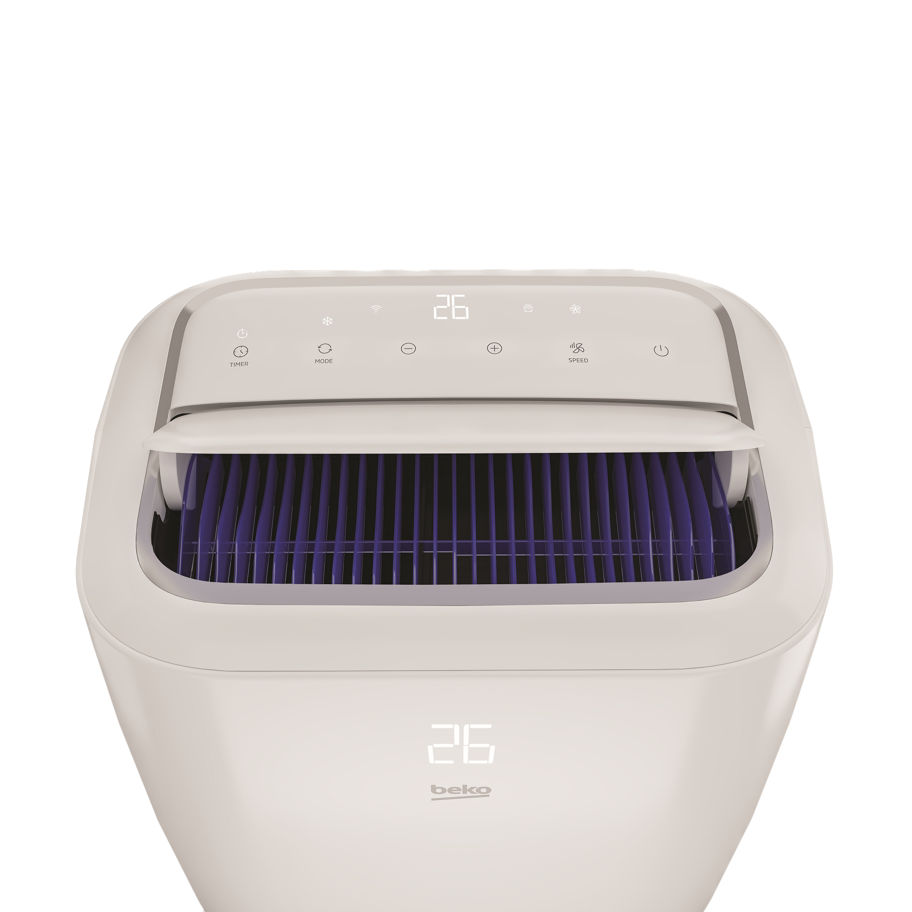 Un purificatore d'aria Beko bianco. La parte anteriore ha un display digitale che mostra '26'. Filtro blu visibile.