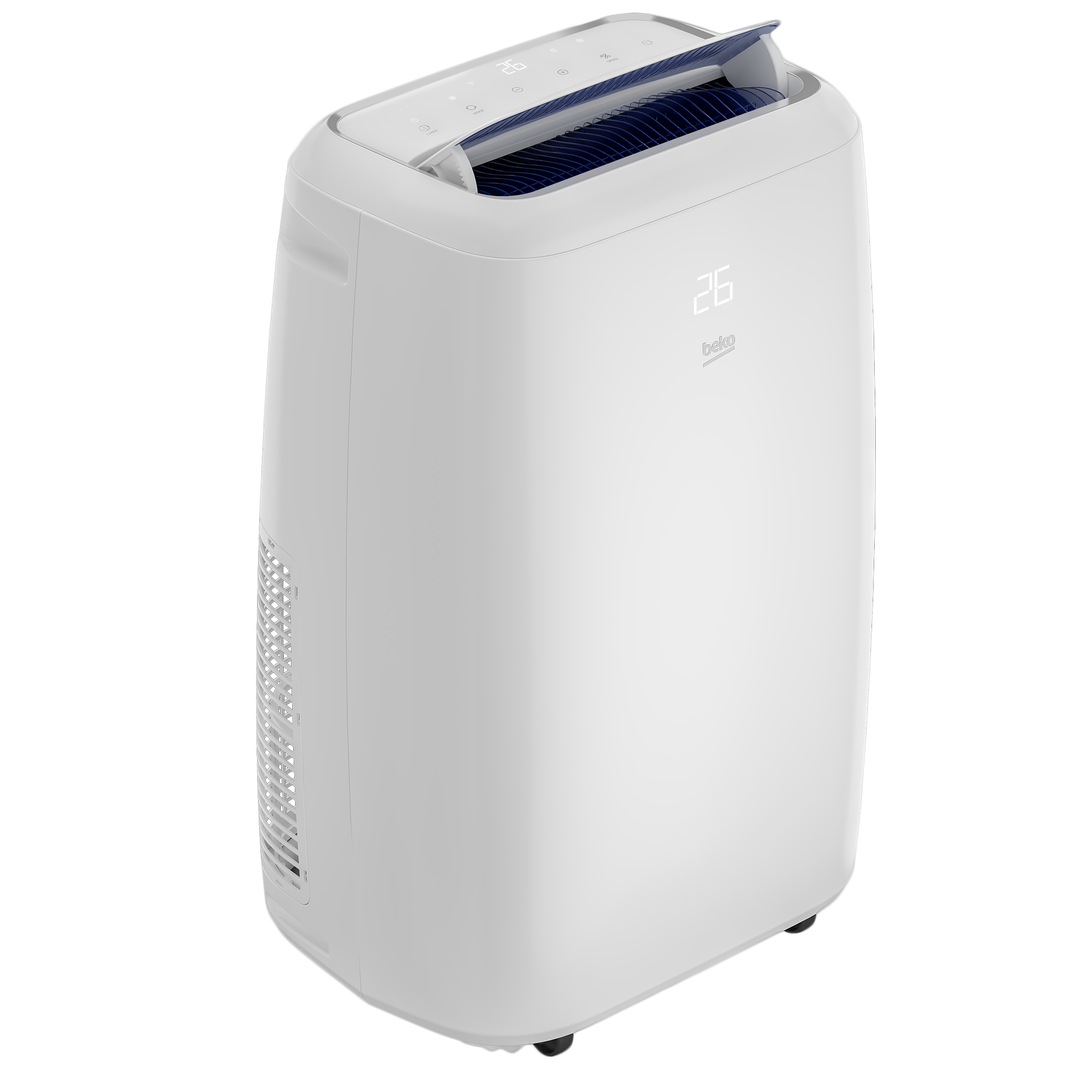 Condizionatore portatile Beko bianco, con display che mostra 26. La parte superiore ha una presa d'aria e pulsanti.