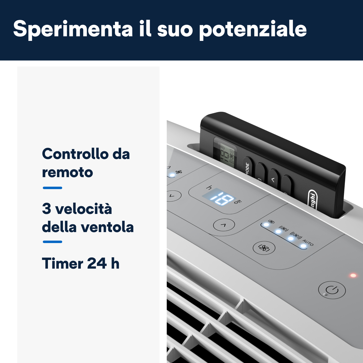 Un condizionatore bianco con telecomando. Dispone di telecomando, 3 velocità della ventola e timer 24h.