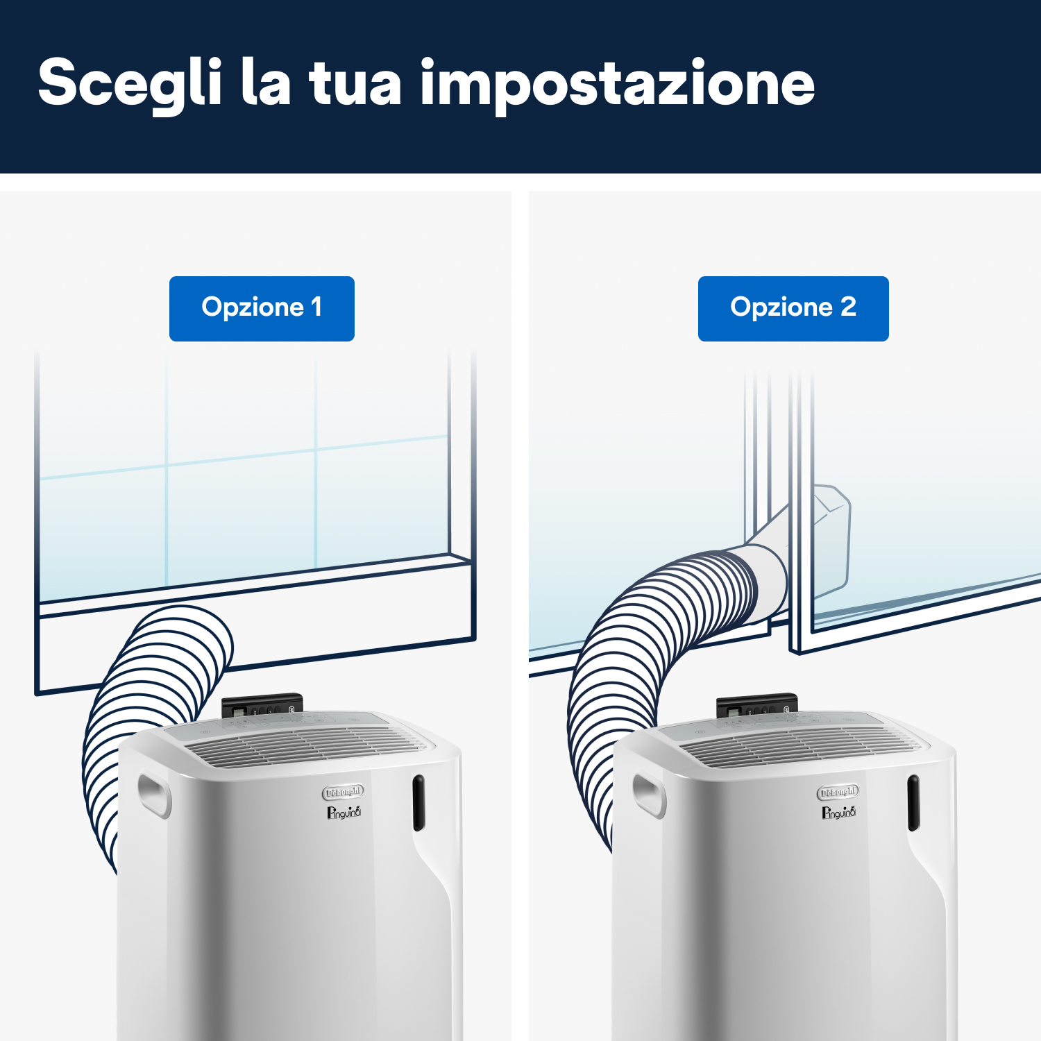 Il diagramma mostra due opzioni per un condizionatore d'aria: Opzione 1 con tubo vicino alla finestra, Opzione 2 con tubo fuori dalla finestra.