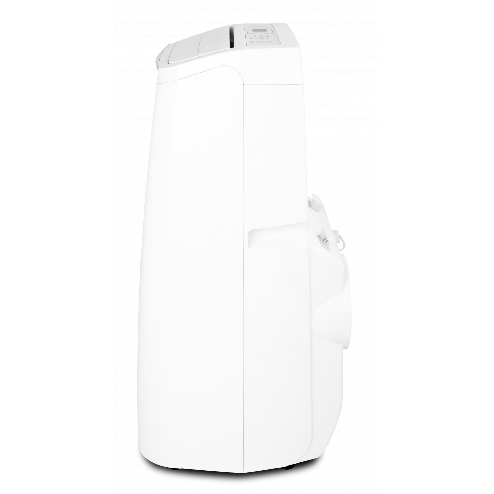 Un aire acondicionado portátil blanco sobre fondo blanco. Tiene forma rectangular con bordes redondeados y panel de control arriba.