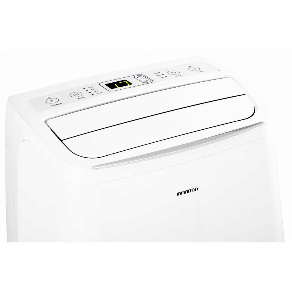 Un acondicionador de aire Infiniton blanco. Tiene botones de control y una pantalla digital que muestra la temperatura.