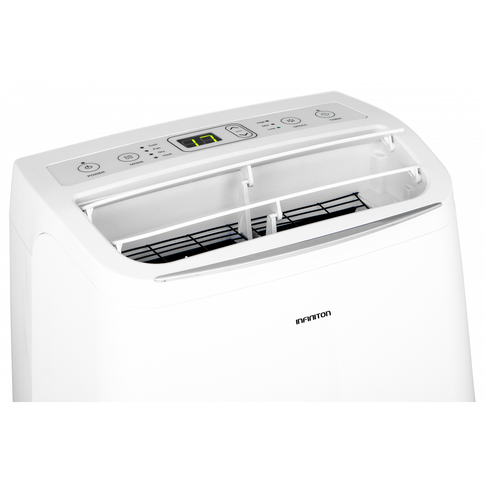 Aire acondicionado blanco con ventilación abierta. Panel superior con botones y pantalla. Marca 'INFINITON' visible.