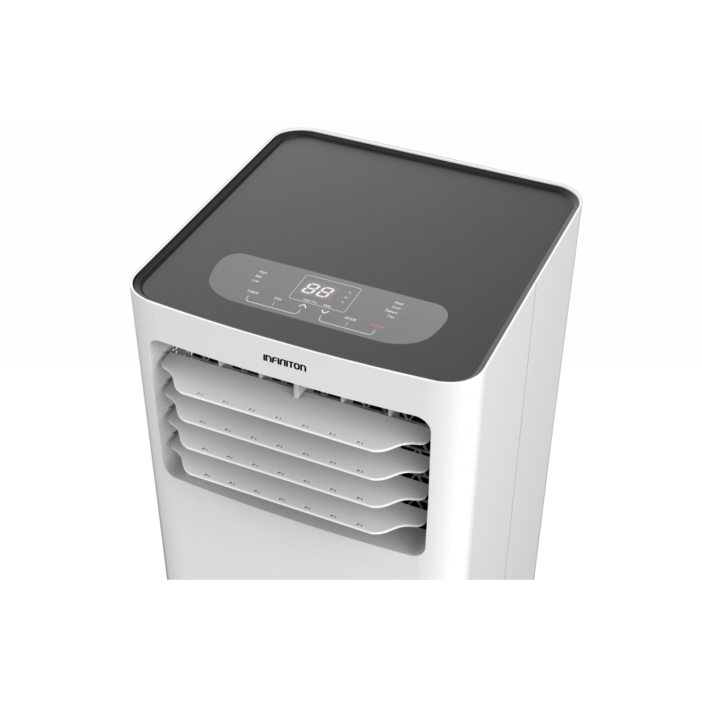 Enfriador de aire blanco y negro. Tiene una pantalla digital que muestra '88'. La marca 'INFINITON' es visible.