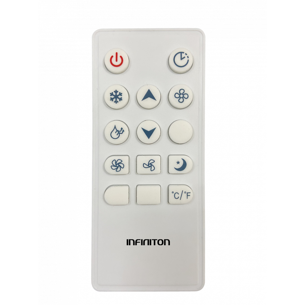 Mando a distancia blanco de aire acondicionado INFINITON. Tiene botones para encendido, ventilador, temperatura y otros ajustes. El fondo es blanco.
