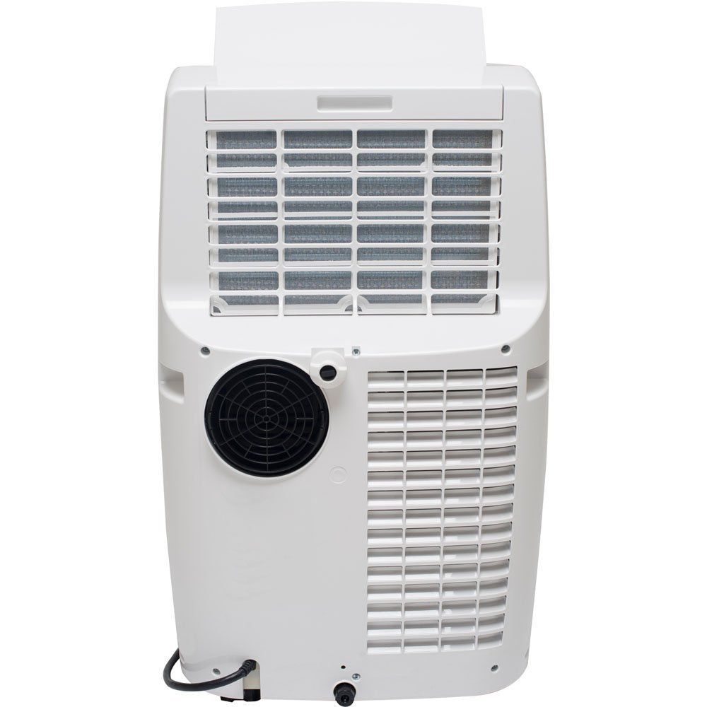 Vista trasera de un aire acondicionado portátil blanco. Cuenta con ventilaciones, ventilador y cable de alimentación. Diseño moderno.