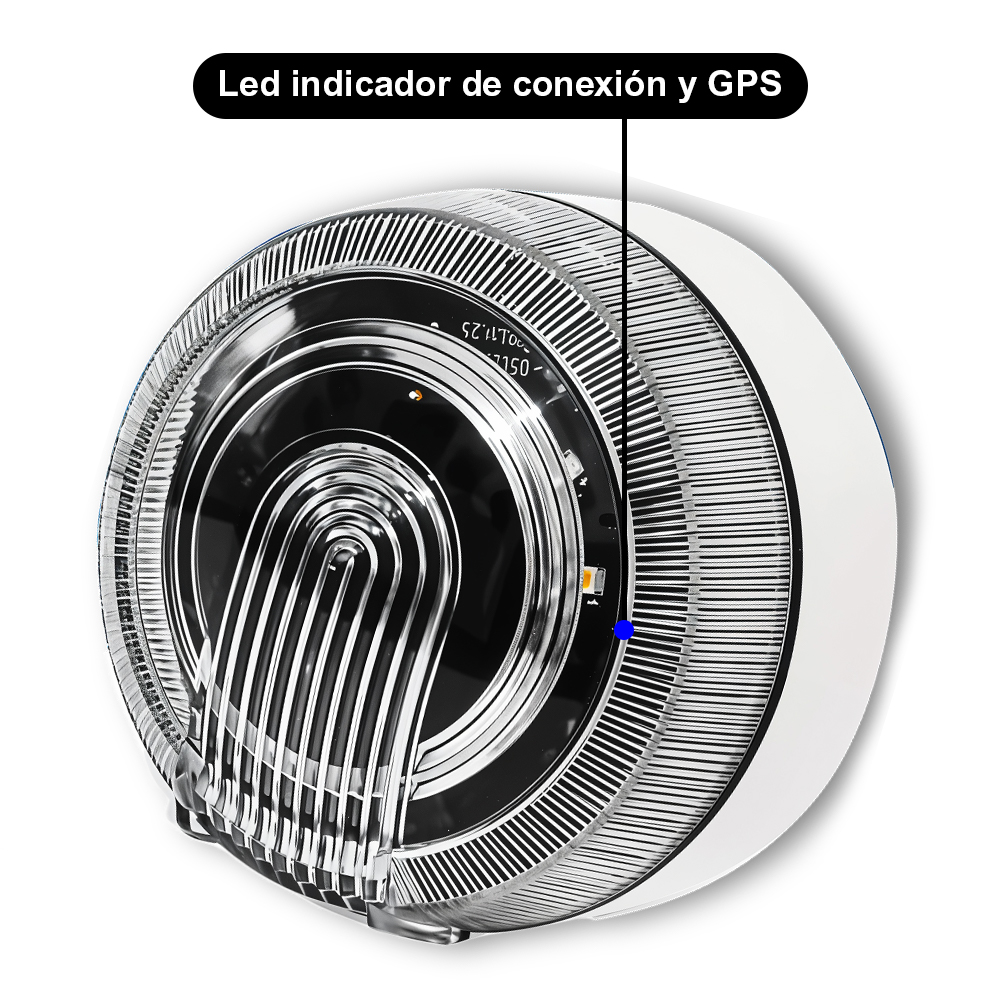 Se muestra una luz redonda de color plateado con un borde blanco. Tiene un indicador LED para conexión y GPS. El fondo es blanco.