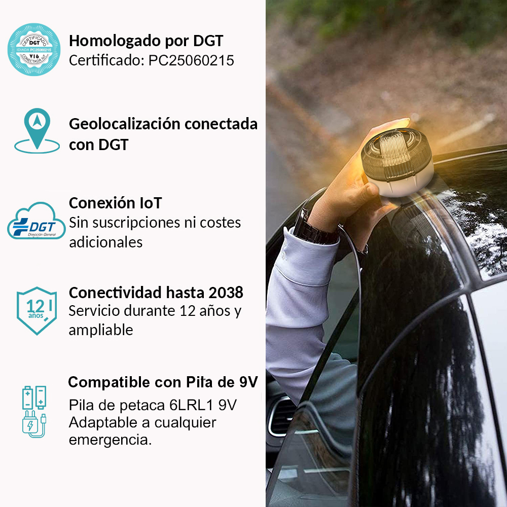 Una persona sostiene una luz de emergencia amarilla en un coche. Texto blanco a la izquierda describe las características del producto.
