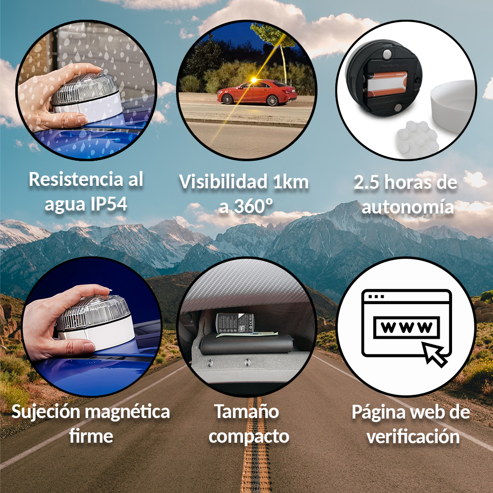 Anuncio muestra dispositivo con características: resistencia al agua, visibilidad 1km, 2.5h autonomía, imán, tamaño compacto y sitio web.